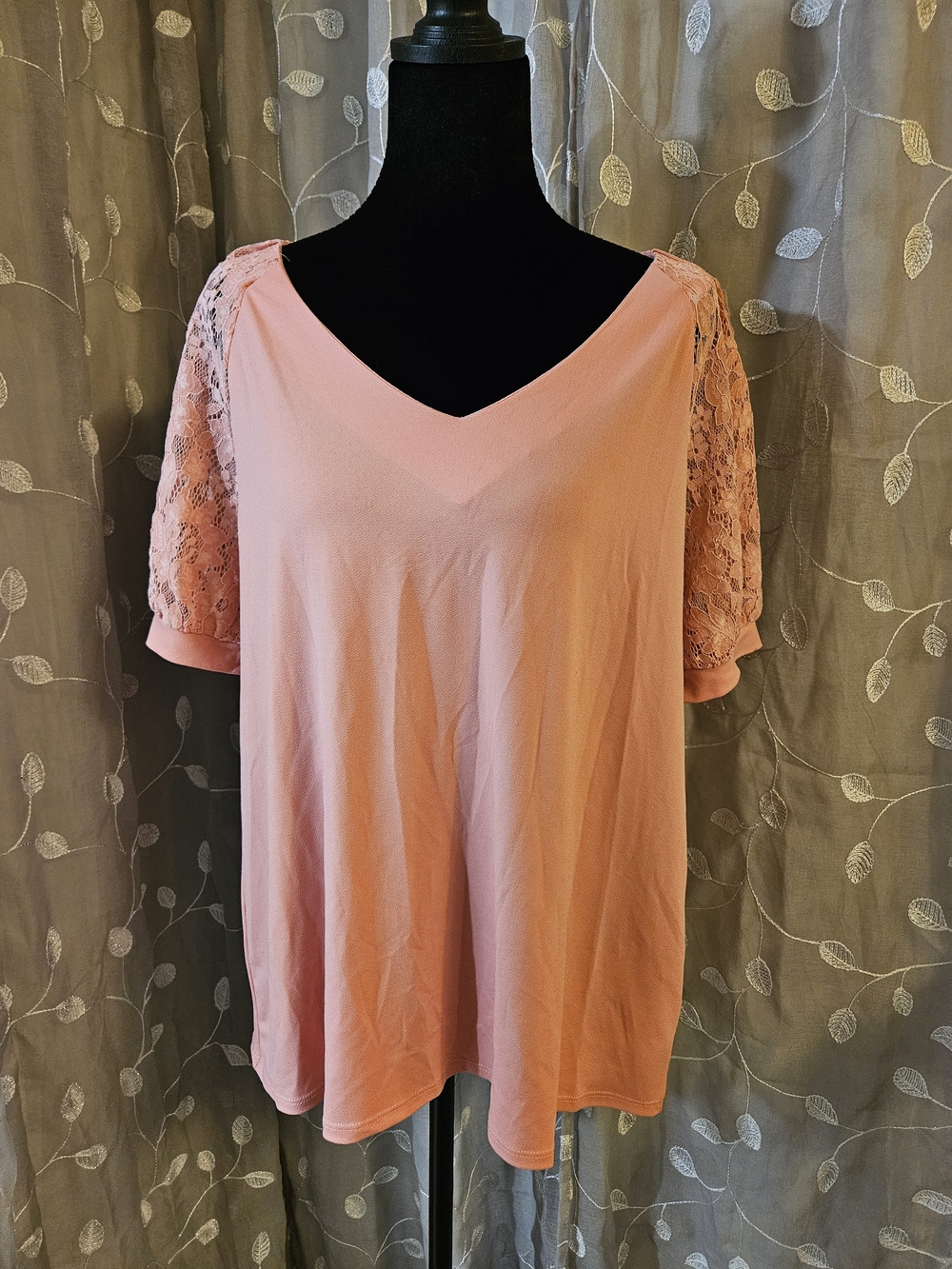 Cupio Pink V-Neck Top with Lace Short Sleeves